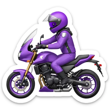Créer un emoji avec une moto mt07 sport noir mate / violet iridescent très foncé, pare-brise de la moto violet. Avec une pilote dessus, visage masqué par la visière violette . Avec en arrière plan cercle violet. sticker