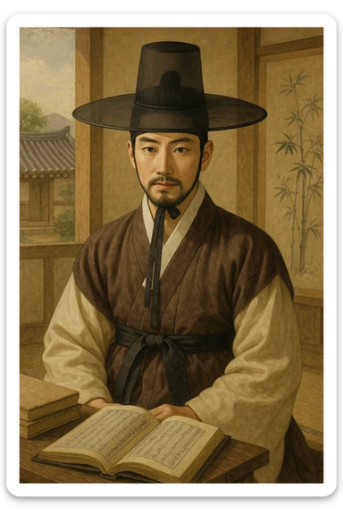 Joseon Dynasty scholar wearing a traditional Korean gat hat, Korean traditional atmosphere, neat and intellectual expression, dressed in traditional hanbok sticker