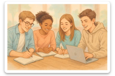 quatre jeunes étudiants, concentrés mais souriants, partageant des idées sur des cahiers et ordinateurs portables, ambiance amicale, fond flou mais agréable, style semi-réaliste, couleurs pastel sticker