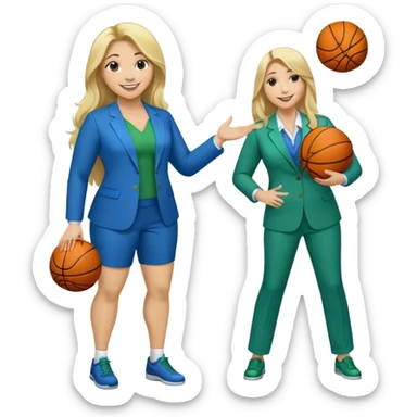 Full Body white plus size female with big nose basketball head coach using a clipboard with long blonde hair in a blue and green suit smiling with basketball and clipboard sticker