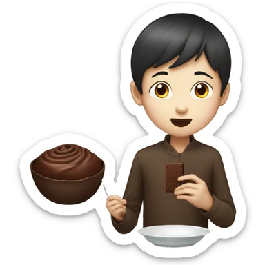 chinese boy with extremely thin and long eyes eating chocolate sticker