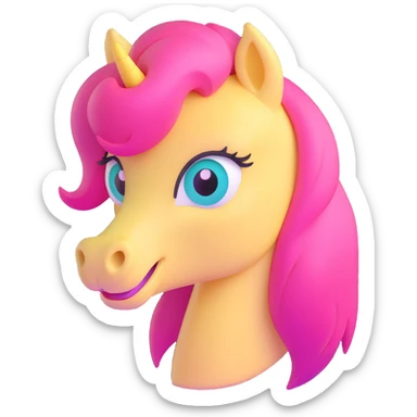 close-up face of pastel yellow pony with pink mane, big teal eyes, shy smile sticker