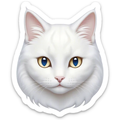 Cinematic Noble White Cat Portrait Emoji, Poised and stately, with a pristine, snow-white fur accented by delicate hints of silver, refined whiskers and a serene, focused gaze, simplified yet impeccably detailed, glowing with an ethereal radiance and timeless elegance, high shine, exuding calm intelligence and regal simplicity, soft glowing outline, capturing the essence of a noble white cat that radiates quiet majesty! sticker