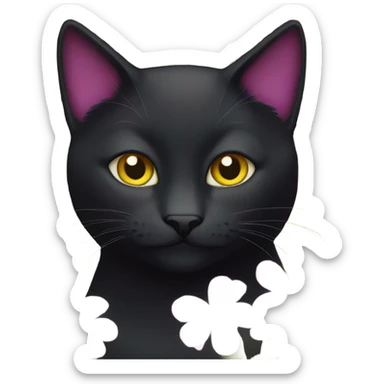 Black cat yellow eyes with pink and purple flowers  sticker