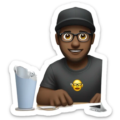 White male dark hair, clear lens glasses in front of a MacBook with overeat headphones on and a backwards hat sticker