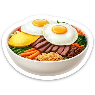 Cinematic Realistic Bibimbap Dish Emoji, showcasing a colorful bowl of mixed rice, assorted vegetables, beef, and a fried egg rendered with lifelike detail and vibrant, harmonious lighting. sticker