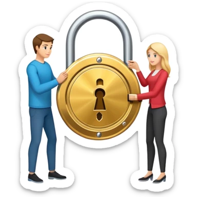 Two people exchanging cryptocurrency with a secure lock in the middle representing escrow sticker