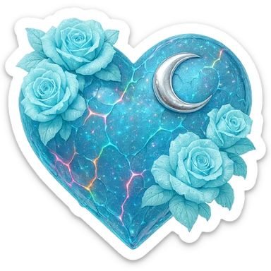 Edit the gothic heart to have cracked light blue glass, a silver crescent moon, light blue roses, shimmering holographic stardust, neon lightning accents, and a glossy wet appearance. Keep the background transparent. sticker