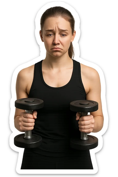 DONNA FITNESS CON MANUBRI DA PALESTRA IN MANO ED ESPRESSIONE TRISTE sticker