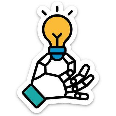 robotic hand holding a lightbulb, tech-inspired style, lineal color icon with black outlines sticker