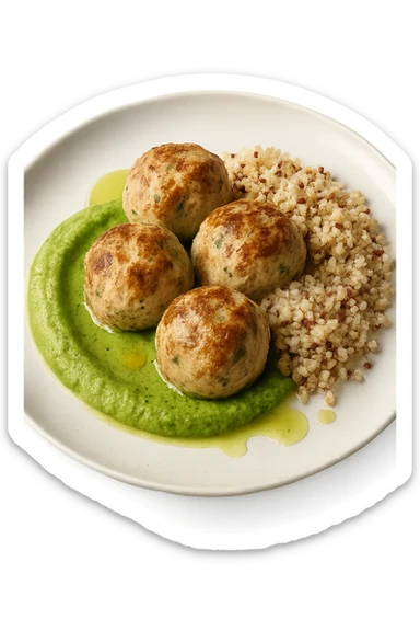 polpette di tacchino, purè di zucchine, quinoa e olio di oliva, iperrealistico 4k sticker