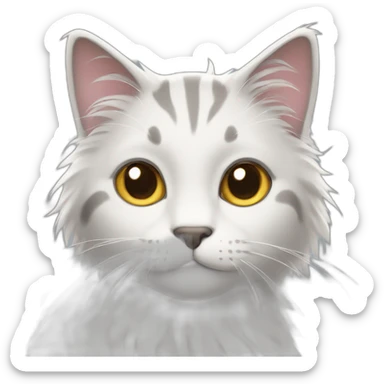A cat with fluffy White and some Grey hair full in screen and some tiny ears sticker