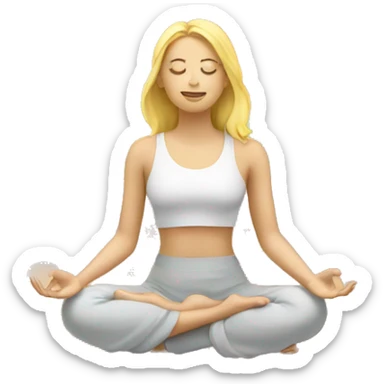 A blonde woman meditating, surrounded by a rainbow sticker
