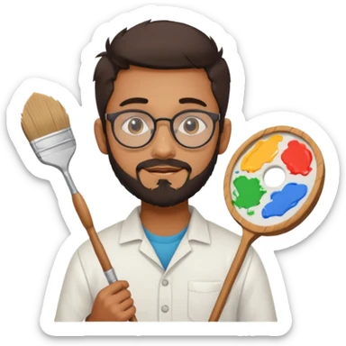 generate an ios genmoji of a 20 year old tan indian boy with rounded spectacles and a whaler beard, carrying a paintbrush and palette sticker