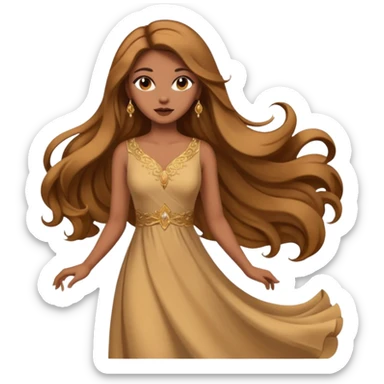 Woman using a long elegant dress. She has medium skin tone and a brown with gold makeup sticker