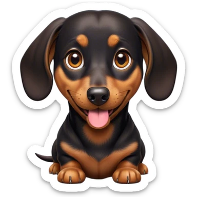 Cinematic Comical black and tan Dachshund Portrait Emoji, Head tilted dramatically with an exaggeratedly amused expression, featuring a sleek black and tan coat with a vibrant sheen, wide, expressive brown eyes filled with playful disbelief, Simplified yet hilariously expressive features, highly detailed, glowing with a slightly sassy glow, high shine, dramatic yet playful, stylized with an air of cheeky humor, bright and endearing, soft glowing outline, capturing the essence of a spirited and over-the-top companion, so meme-worthy it feels like it could side-eye its way into internet fame instantly! sticker