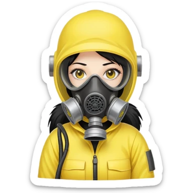Sticker of a girl with straight black hair, wearing a yellow hazmat suit and a gas mask. Serious atmosphere, cartoon style, radiation danger background. sticker