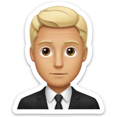 Blonde tanned man with normal sized head in black suit sticker
