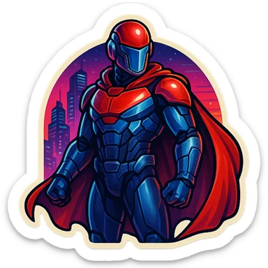 Scarlet Duke from the future, retro sticker style, advanced tech suit, red cape, neon city background, sticker style sticker