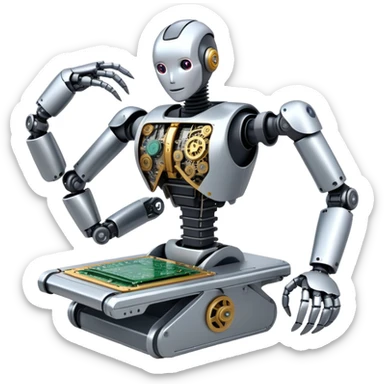 n icon featuring a humanoid robot assembling parts with mechanical arms, a circuit board in its chest, and a conveyor belt in the background. The design includes gears, sensors, and a robotic claw, symbolizing robotics innovation and automation. Transparent background sticker