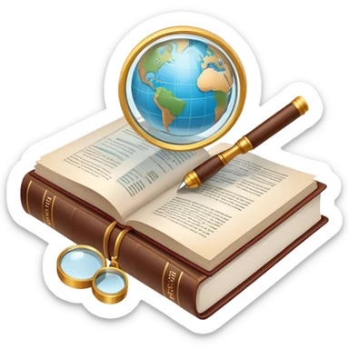Icon for Non-Fiction Reading: an open book with pages filled with factual text, surrounded by a magnifying glass, a globe, and a stack of reports. The icon should convey the investigative and informative nature of documentary and non-fiction literature. Transparent background. sticker