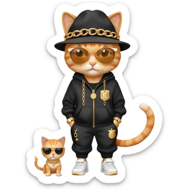 female cat dressed like Run DMC with tracksuit, fedora, Adidas shoes, dark sunglasses, lots of gold chains, rings, bracelets, earrings, upright sticker