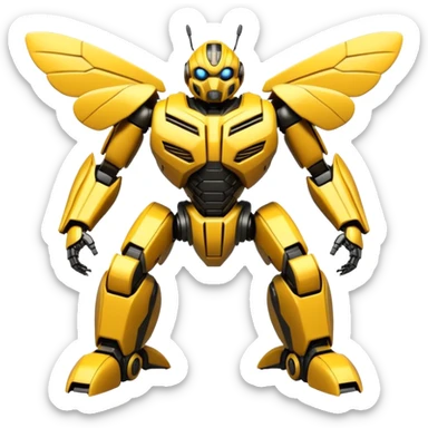 Futuristic robotic bumblebee character in the exact style of Bumblebee from Transformers movies, highly detailed 3D model sticker
