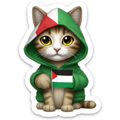 Cat with hoodie holding Palestine flag sticker