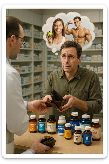 a man stands at a pharmacy counter, handing over a nearly empty wallet to the cashier while the counter is filled with bottles of supplements and vitamins. His expression is hopeful but slightly anxious. In the background, a thought bubble shows exaggerated images of instant health and fitness, symbolizing unrealistic expectations.  in italiano super realistica sticker