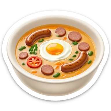 Cinematic Realistic ≈ªurek Soup Dish Emoji, depicted as a tangy, creamy rye soup with sausage and egg rendered with detailed textures and warm, comforting lighting. sticker