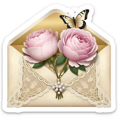 A delicate still life of an aged love letter sealed with golden wax, placed on a vintage lace doily, accompanied by a bouquet of pale pink roses and white peonies, with a shimmering pearl butterfly resting on the envelope. sticker