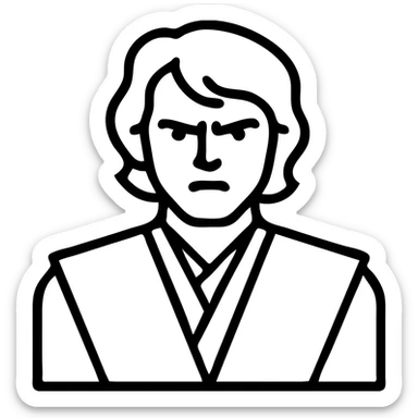 Anakin Skywalker from Revenge of the Sith as a modern outlined icon, emphasizing his intense expression, Jedi robes, and signature hairstyle, with clean black lines sticker