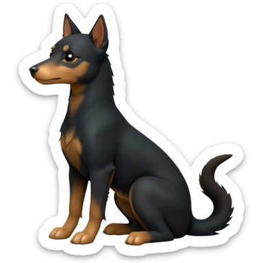 cinematic-[kelpie]-realistic-full-body-sitting-emoji,-tail-resting-loosely-beside-its-paws,-head-tilted-dramatically, -sleek-[Black and tan]-fur,-simplified-yet-realistic-focused-features,-highly-detailed,-glowing-with-an-almost-sarcastic-glow sticker
