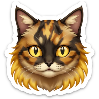 long hair tortoiseshell cat with a black face, white neck and yellow lightning mark above left eye sticker