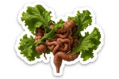 foglie di insalata che attaccano un intestino anatomico umano per distruggerlo, iperrealistico sticker