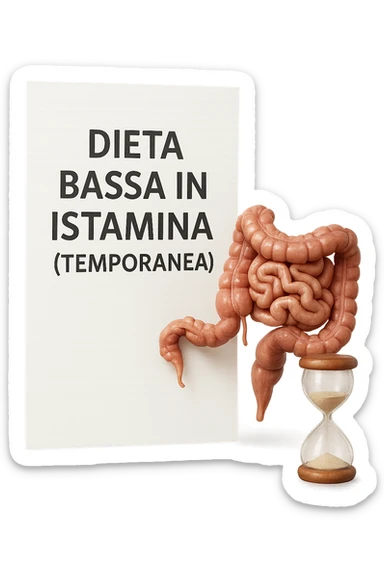 foglio di carta di una dieta con la scritta "DIETA BASSA IN ISTAMINA (TEMPORANEA), E ACCANTO CI METTI UN INTESTINO IN MINIATURA E UNA CLESSIDRA, iperrealistico 4k sticker