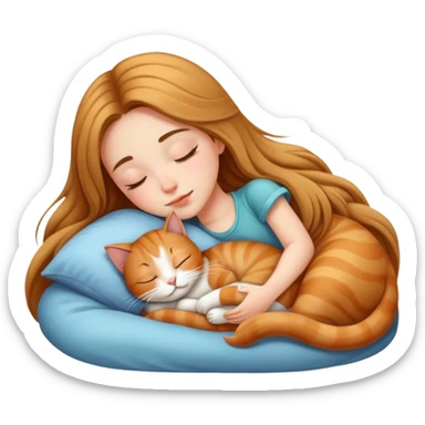 Generate a picture of a beautiful girl with long hair sleeping with a cat sticker