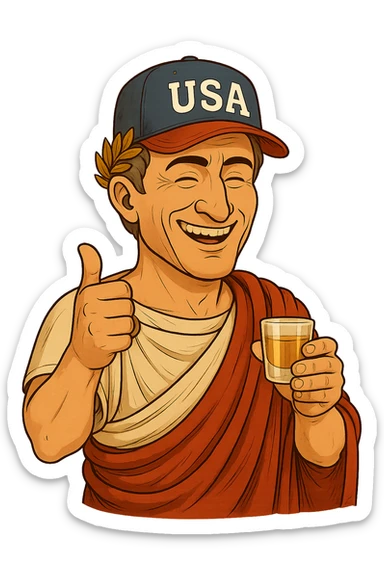 Используя такую стилистику сгенерируй довольного Императора Цезаря с кепкой USA на голове и держащего в руках стопку текилы, прозрачный фон sticker
