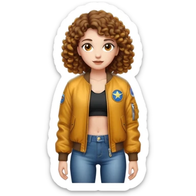 full body woman short curly brown mullet brown eyes white skin muscular build firefly bomber jacket sticker