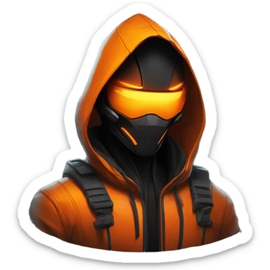  developer behind his laptop with this style : crysis Cyberpunk Valorant orange glowing bright orange character orange black hooded assassin themed character sticker