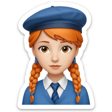 orange braided hair girl, wearing white shir, a brown berret Hat, Blue Necktie sticker