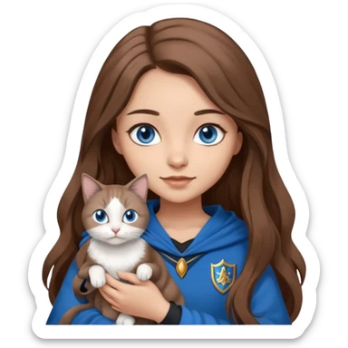 gorgeous Girl with light skin, blue eyes, long brown hair, wears a ravenclaw outfit, with a grey and white cat holding in her arms sticker