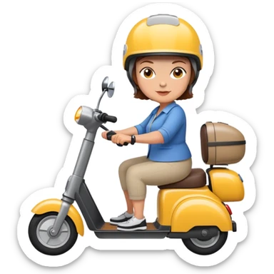 Older heavy lady with short brown hair riding a 4 wheel electric scooter wearing a helmet  sticker
