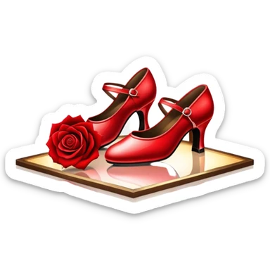 Icon for Ballroom Dancing: a pair of ballroom dance shoes, a rose, a dance floor, and a shining spotlight. The icon should represent the elegance and atmosphere of ballroom dancing, focusing on the tools and setting of the dance. Transparent background. sticker