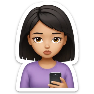 generate a pretty bratz girl with short black mess hair, looking tired and using her phone sticker