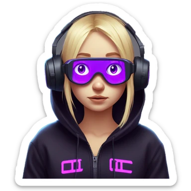 Russian cute blond student girl wearing black hoody with violet letters "OMG", in vr headset. No eyes. Cyberpunk style. Violet neon. sticker