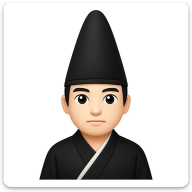 Make the eboshi hat much taller, keeping the shogun in a long black kimono, in the style of emoji style emojis. The style should resemble apple style emojis with concise details. sticker