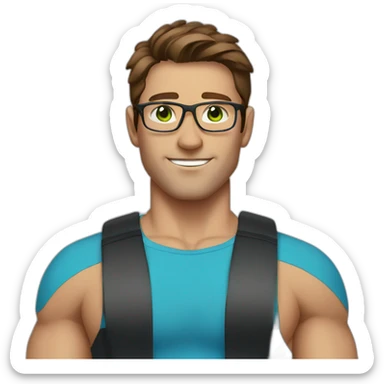 male, brown hair, green eyes, glasses, blue shirt, gym workout sticker