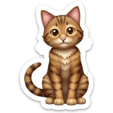 cinematic-[brown tabby cat]-realistic-full-body-sitting-emoji,-tail-curled-playfully-around-its-paws,-head-tilted-dramatically,-messy-[tabby]-fur,-simplified-yet-realistic-adorable-features,-highly-detailed,-glowing-with-an-almost-sarcastic-glow sticker