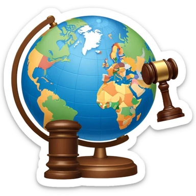 An icon featuring a globe with a gavel and a political map, symbolizing political science. The design includes a ballot box and a podium, representing democracy and governance. Transparent background highlights the study of political systems and global relations. sticker